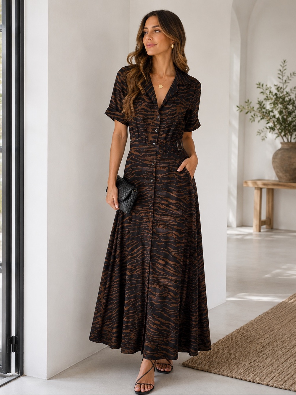 STAUD Brown and Black Zebra-Print Button-Front Maxi Dress